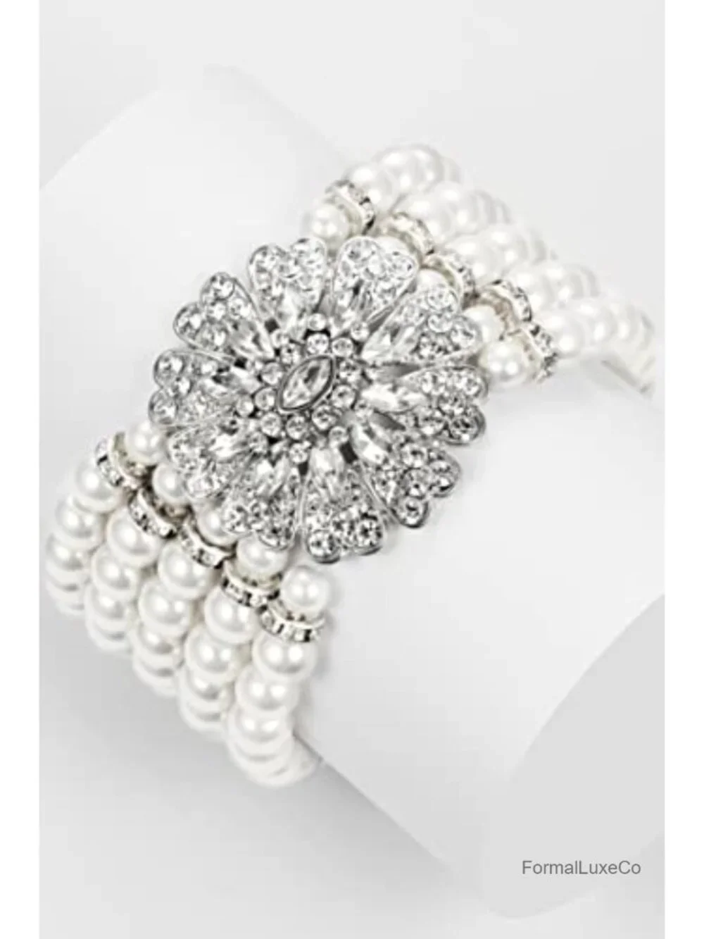 Faux Pearl Stretch Bracelet 5 Row Austrian Crystal 1920s Flapper Gatsby